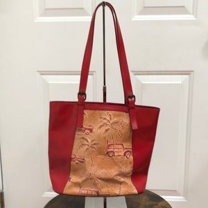 Retro Style Beach Motif Genuine Leather Red Purse